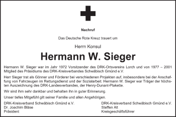 Traueranzeige von Hermann W. Sieger von Gmünder Tagespost