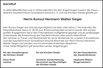 Traueranzeige von Hermann Walter Sieger von Gmünder Tagespost