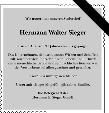 Traueranzeige von Hermann Walter Sieger von Gmünder Tagespost