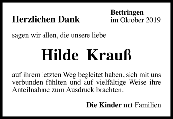 Traueranzeige von Hilde Krauß von Gmünder Tagespost