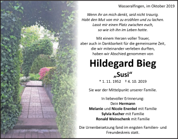 Traueranzeige von Hildegard Bieg von Schwäbische Post