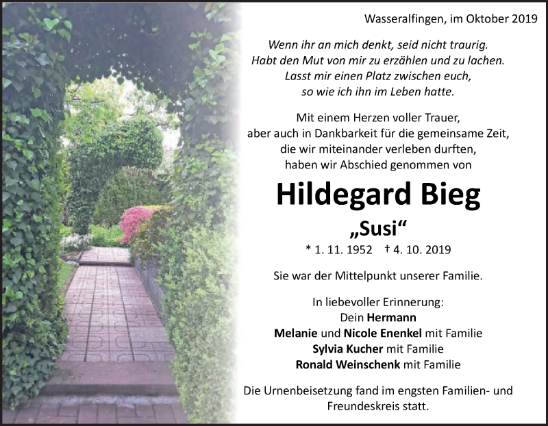 Traueranzeige für Hildegard Bieg vom 15.10.2019 aus Schwäbische Post