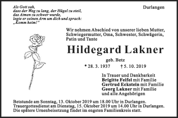 Traueranzeige von Hildegard Lakner von Gmünder Tagespost