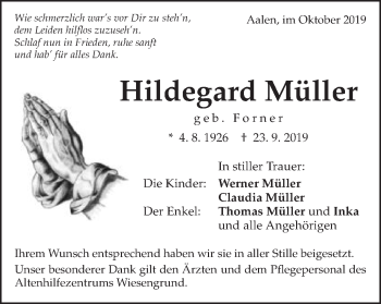 Traueranzeige von Hildegard Müller von Schwäbische Post
