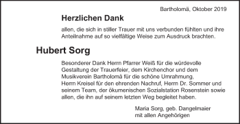Traueranzeige von Hubert Sorg von Gmünder Tagespost