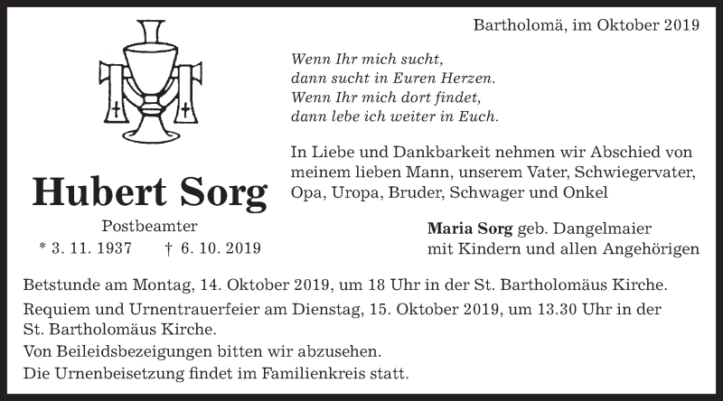  Traueranzeige für Hubert Sorg vom 11.10.2019 aus Gmünder Tagespost