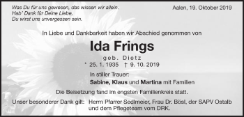 Traueranzeige von Ida Frings von Schwäbische Post