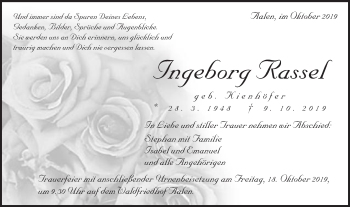 Traueranzeige von Ingeborg Rassel von Schwäbische Post