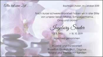 Traueranzeige von Ingeborg Sauter von Schwäbische Post