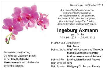 Traueranzeige von Ingeburg Axmann von Schwäbische Post