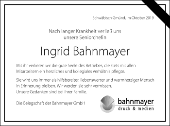 Traueranzeige von Ingrid Bahnmayer von Gmünder Tagespost