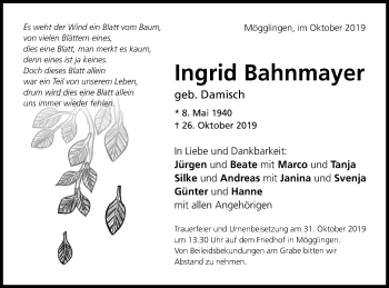 Traueranzeige von Ingrid Bahnmayer von Gmünder Tagespost