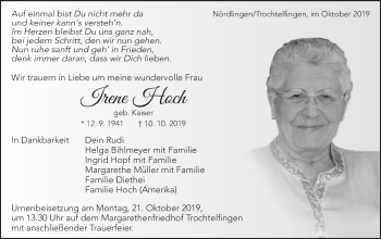 Traueranzeige von Irene Hoch von Schwäbische Post