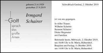 Traueranzeige von Irmgard Schairer von Gmünder Tagespost