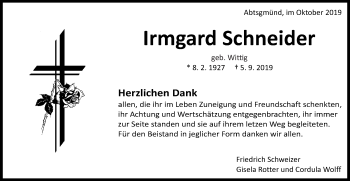 Traueranzeige von Irmgard Schneider von Kocher-Lein-Bote