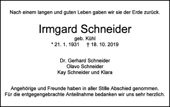 Traueranzeige von Irmgard Schneider von Schwäbische Post
