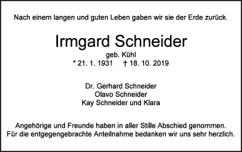 Traueranzeige von Irmgard Schneider