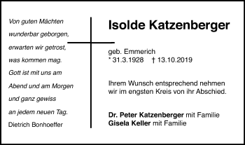 Traueranzeige von Isolde Katzenberger von Gmünder Tagespost