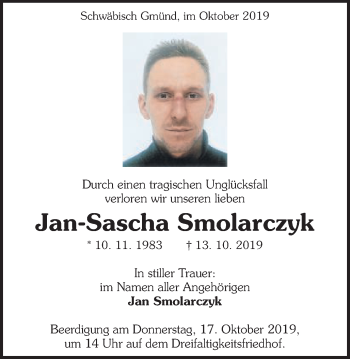 Traueranzeige von Jan-Sascha Smolarczyk von Gmünder Tagespost