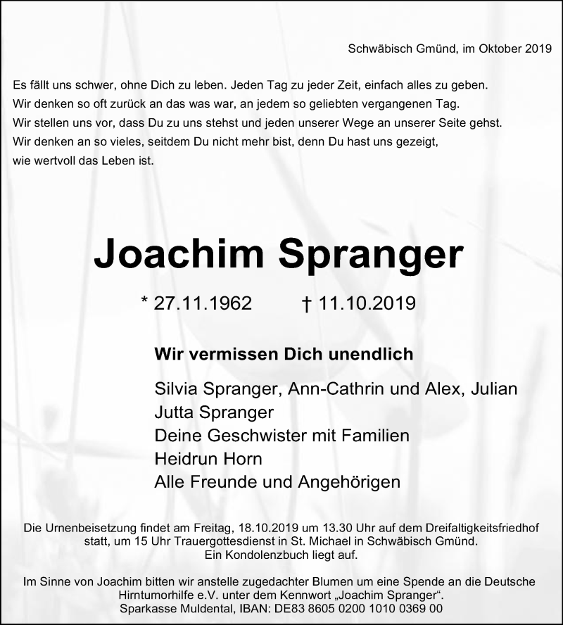  Traueranzeige für Joachim Spranger vom 15.10.2019 aus Gmünder Tagespost
