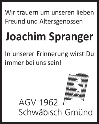 Traueranzeige von Joachim Spranger von Gmünder Tagespost