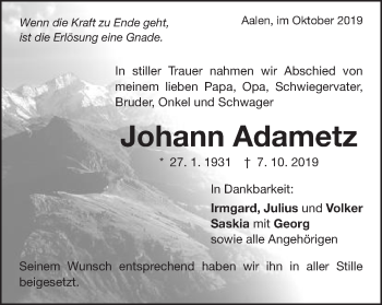 Traueranzeige von Johann Adametz von Schwäbische Post