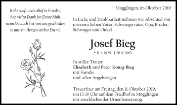 Traueranzeige von Josef Bieg von Gmünder Tagespost