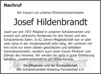 Traueranzeige von Josef Hildenbrandt von Schwäbische Post