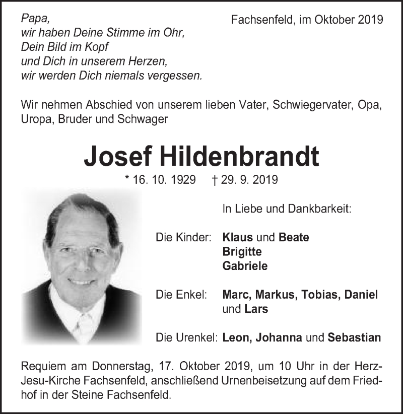  Traueranzeige für Josef Hildenbrandt vom 14.10.2019 aus Schwäbische Post