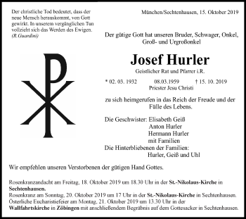 Traueranzeige von Josef Hurler von Schwäbische Post