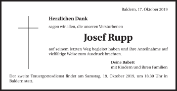 Traueranzeige von Josef Rupp von Schwäbische Post