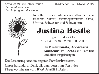 Traueranzeige von Justina Bestle von Schwäbische Post