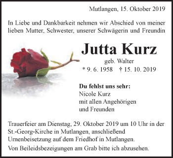 Traueranzeige von Jutta Kurz von Gmünder Tagespost