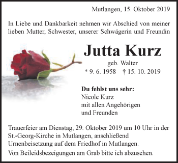 Traueranzeige von Jutta Kurz