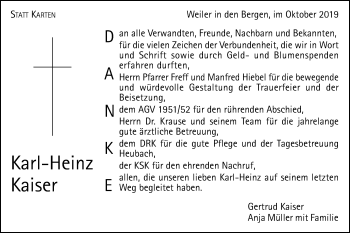 Traueranzeige von Karl-Heinz Kaiser von Gmünder Tagespost