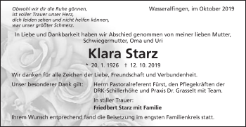 Traueranzeige von Klara Starz von Schwäbische Post