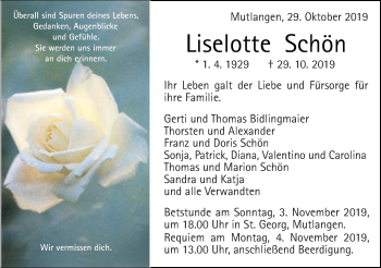 Traueranzeige von Liselotte Schön  von Gmünder Tagespost