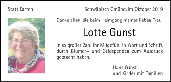 Traueranzeige von Lotte Gunst von Gmünder Tagespost
