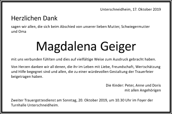 Traueranzeige von Magdalena Geiger von Schwäbische Post