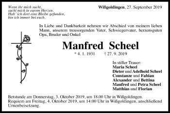 Traueranzeige von Manfred Scheel von Gmünder Tagespost