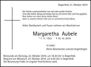 Traueranzeige von Margaretha Aubele von Gmünder Tagespost