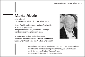 Traueranzeige von Maria Abele von Schwäbische Post