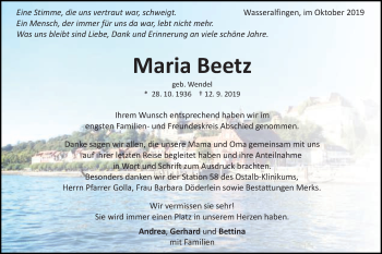 Traueranzeige von Maria Beetz von Schwäbische Post