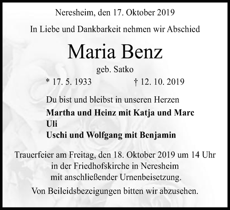  Traueranzeige für Maria Benz vom 16.10.2019 aus Schwäbische Post