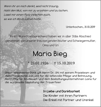 Traueranzeige von Maria Bieg von Schwäbische Post