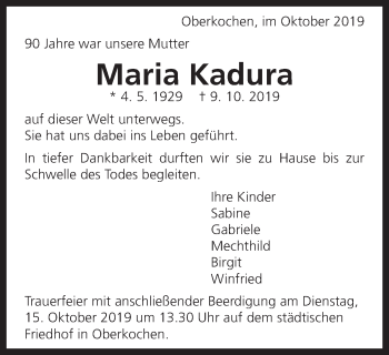 Traueranzeige von Maria Kadura von Schwäbische Post