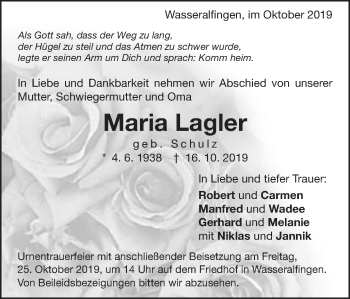 Traueranzeige von Maria Lagler von Schwäbische Post