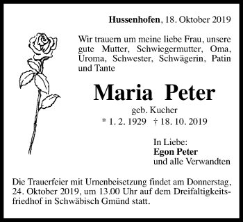 Traueranzeige von Maria Peter von Gmünder Tagespost