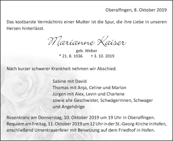 Traueranzeige von Marianne Kaiser von Schwäbische Post