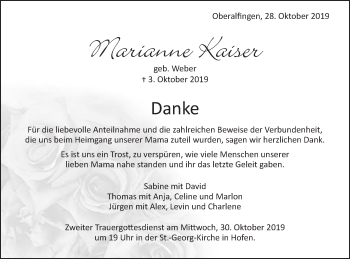 Traueranzeige von Marianne Kaiser von Schwäbische Post